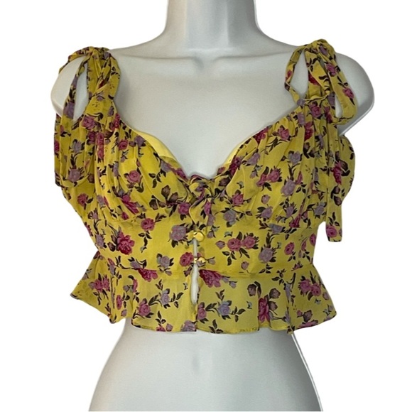 For Love And Lemons Silk Beaumont Sleeveless Top Yellow Floral Print Size M - Picture 3 of 8